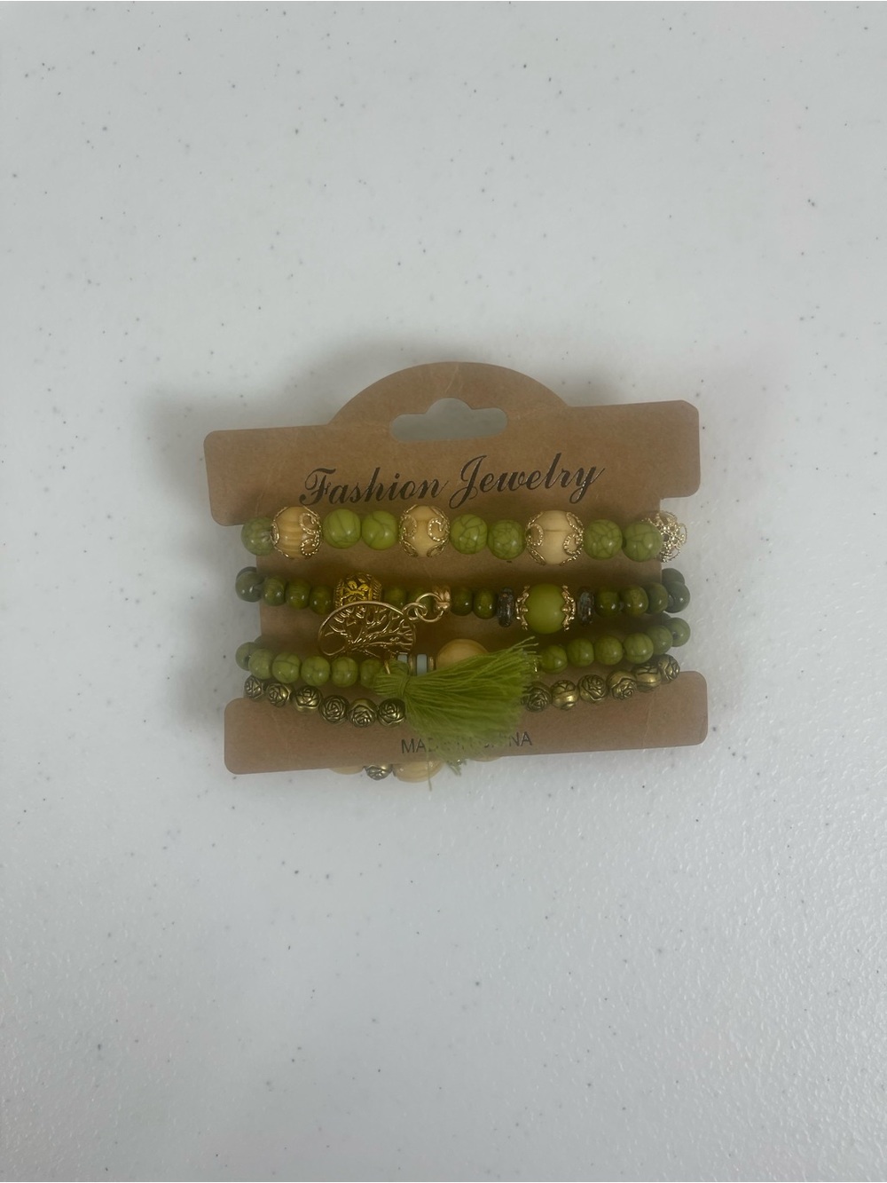 Fashion Jewelry Olive and Gold Beaded Bracelet Stack with Tassel